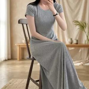 [옷자락] 여성 여름 캐주얼 반팔 롱 A라인 무지 원피스
