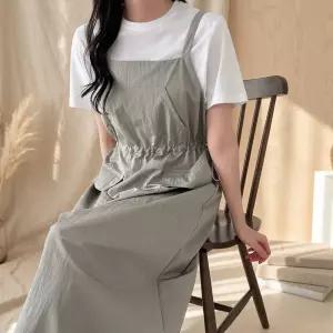 [옷자락] 여성용 캥거루포켓 멜빵 롱원피스 뒤트임 박시핏 스트링 디자인