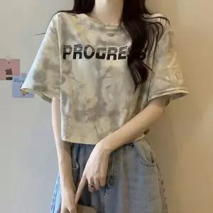 여자 레터링 프린트 반팔 크롭티 캐주얼 스트릿룩
