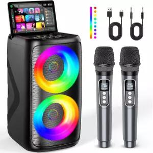 노래방 기계 파티 가족 홈 시스템 패키지 지원 TWS/TF/USB/AUX를 위한 LED 조명이 있는 무선 마이크 2개가