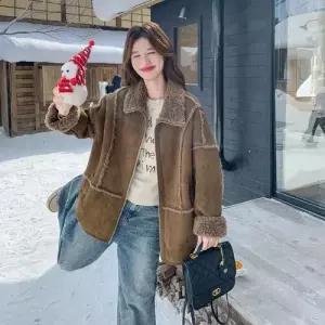 여성 다크 세무 도톰한 터틀넥에 모피 일체형 코트 융털라이크 쇼트 퍼 KS1