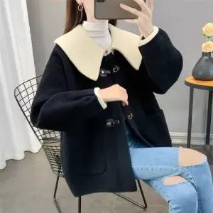 여성용 모직 캐주얼 더블 세일러카라 코트 루즈핏 CH3