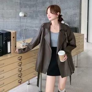 여자 빈티지 가을 코트 PU 자켓 슬림핏 바이크 가죽 CH3