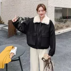 엘럽 여성용 캐주얼 모피 코트 세무 숄 칼라 가죽 도톰 패딩 PU 점퍼 원템1