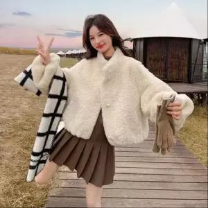 엘럽 여자 램스울 코트 트렌치 쇼트 레이스 하이넥 모피 원템1