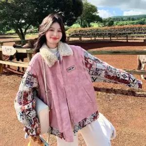 엘럽 여자 분홍 소매 코트 파이 모피 프린트 램스울 원템1