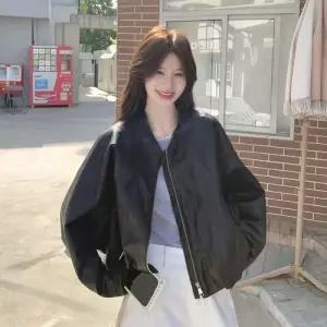 엘럽 가을 빈티지 여자 블랙 가죽 재킷 머랭 코트 PU 숏 자켓 박템3