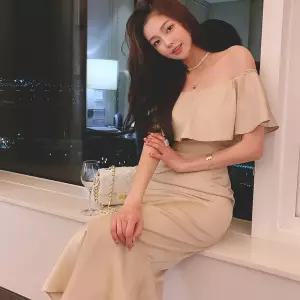 원피스 롱 여사친 여름 우아 프릴 오픈숄더 머메이드 시폰 쉬폰 쉬폰원피스 기장 일자 admr2