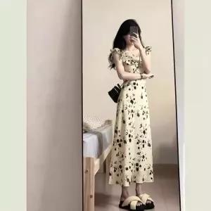 원피스 치마 여성용 롱 하계 시폰 프릴 U넥 플라워 티쉬 프렌치 날개 머메이드 쉬폰원피스 소매 쉬폰 admr2