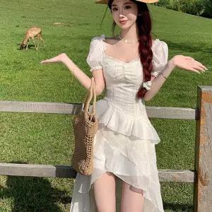 여성 치마 원피스 롱 여름 허리조임 요꼬불규칙 바캉스 시폰 쉬폰 쉬폰원피스 해변가 퍼프소매 admr2