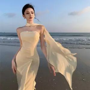 여성 원피스 스커트 롱 여름 쉬폰원피스 시폰 쉬폰 비치 프릴 리본 바캉스 이벤트 드레스 admr2