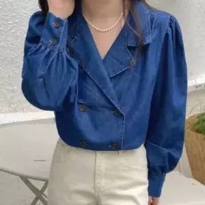 친절한탄씨 청남방블라우스 오피스룩 브이넥 봄가을 여성데님셔츠 여성데님셔츠 청남방블라우스