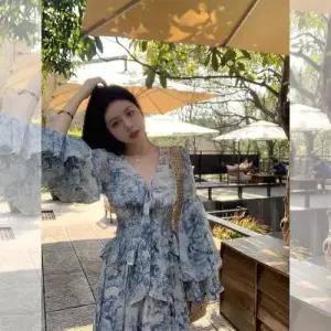 원피스 스커트 여성용 롱 하계 예쁜 쉬폰 프렌치 긴팔 해변 바캉스 SPO마켓2