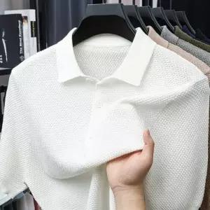 남성용 니트 댄디 칼라넥 파인애플 터틀넥 반팔 티셔츠 통기성이 가벼운 쇼트 SPO마켓2