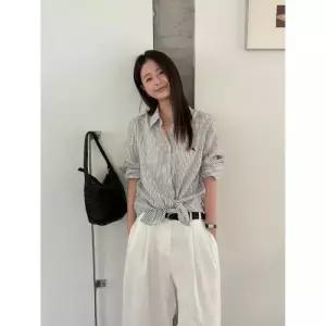 잔 예쁜핏 린넨 바람 시원한 스트라이프 긴팔 셔츠 자수 여친 여름 OOTD2