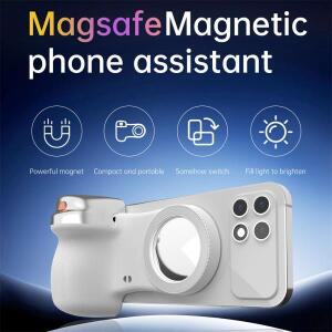 360도 회전 마그네틱 카메라 그립 (MagSafe 아이폰 셔터용, 필 라이트 포함) 블루투스 리모컨 셀카 핸들 스