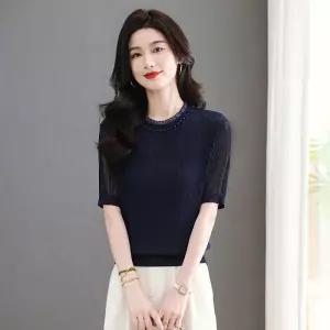 여사친 니트 여름 티 반팔 레이스 비즈 쇼트 빅사이즈 넥 상의 이쁘고 스타일리시 롱루즈핏 데일리 통통 셔
