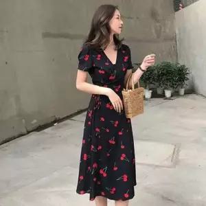 체리 패턴 랩 원피스 브이넥 슬림핏 여름 롱원피스 WFNK7P9