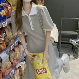 여성 여름 베이직 심플 배색 카라 롱 반팔 원피스 WFNL1W5
