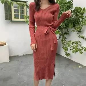 여성 슬림핏 골지 패턴 디자인 원피스 WFDD87D