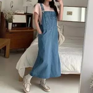 레이어드 뒤트임 데님 멜빵 롱원피스