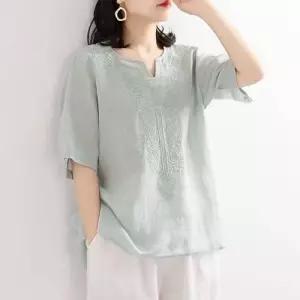 루즈핏 린넨 반팔 블라우스 여성 반팔 티셔츠 여름 셔츠 WFOF2Y2