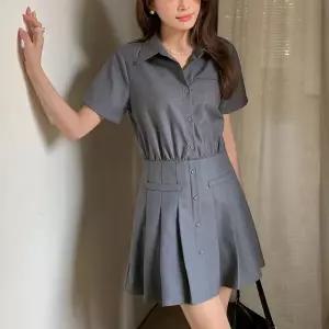 [하프클럽/무드수]페이크 플레어 A라인 반팔 원피스