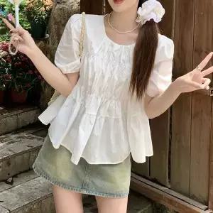 [하프클럽/무드수]달콤 러플 주름 플레어 반팔 블라우스