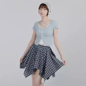 [하프클럽/어베닛]여성 허리묶음 셔츠 허리밴딩 플레어 체크 미니 스커트 DY