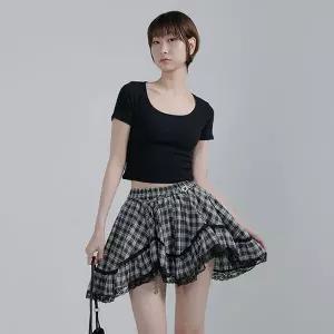 [하프클럽/어베닛]여성 레이스 밑단 허리밴딩 체크 언발 플레어 미니 스커