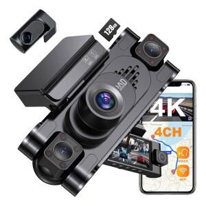 4K 360 자동차용 대시캠 128GB 카드 4채널 앞뒤 음성 제어 8G WiFi GPS IR 야간 투시 G 센서 247 주차 모드 루프 녹화