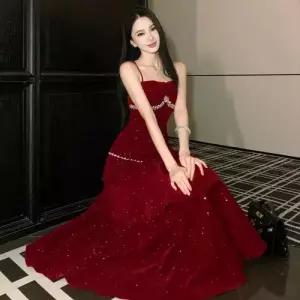 여성용 원피스 빨강 크리스마스 송년회 예쁜 쉬폰 생일 샤이닝 드레스 큐빅 프렌치 롱스커트 벨벳 술복 SPO