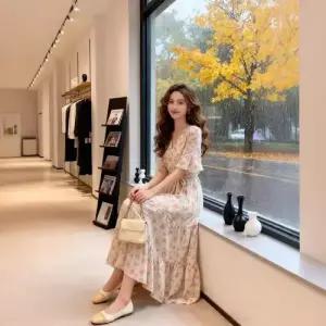 여자 원피스 스커트 롱 여름 쉬폰 예쁜 헨리넥 소매 브이넥 반팔 SPO마켓2