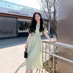 원피스 여사친 롱 빈티지 하계 예쁜 쉬폰 프렌치 브이넥 슬림핏 프린트 반팔 파스텔톤 허리 스트링 형 SPO