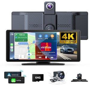 126인치 4K 360 회전 대시 캠 카플레이 안드로이드 오토 카 스테레오 1080p 백업 카메라 GPS 내비게이션 미러 링크 음성 제어 FM