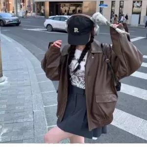 페미닌룩 여성 페이크 레더 인조가죽 카라 집업자켓 아우터 2색