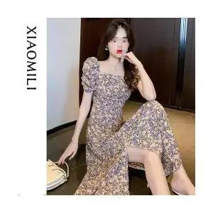 여성 쉬폰 원피스 프렌치 넥 퍼프 사계절 트임 롱 스커트 DUCHI2