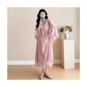 여성 봄가을 나팔 소매 브이넥 비치 스커트 쉬폰 원피스 바캉스룩 DUCHI1