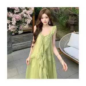 여성 쉬폰 원피스 해변 바캉스룩 슬림핏 그린 여름 롱스커트 DUCHI2