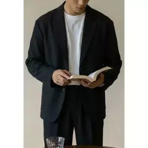 남성 트렌디 아이템 정장자켓 관리하기 쉬운 린넨 혼방 조직 캐주얼 정장 봄 플랫 노카라 코트 HT1