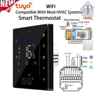 TUYA Wi-Fi 2 파이프 3 속도 팬 코일 룸 온도 조절기 - 가열 및 냉각용 0-10V 변조 밸브 HVAC 컨트롤러