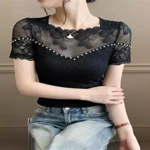 레이스 큐빅 반팔 상의 라틴댄스복 여성 공연복 사교댄스 무대의상 반짝이