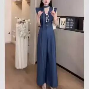 바지 캐주얼 여친 데님 사계절 벨트 와이드 점프슈트 일자 날개 소매 선물 트렌드 DUCHI2