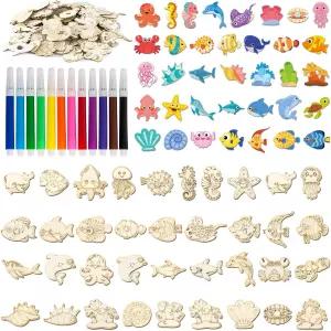 gisgfim 36Pcs 나무 자석 페인팅 공예 키트 DIY 바다 동물 색칠 예술 생일 파티 선물 장난감 창작 용품