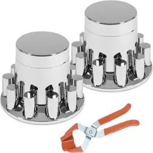 세미 트럭용 33mm 스레드 온 실린더 러그 너트 커버가 있는 리어 2 크롬 플랫 탑 액슬 휠 콤보 키트 ABS