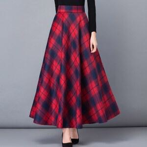 레드 체크스커트 A라인 겨울 연말룩 2XL 롱 모직