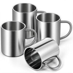 손잡이가 달린 스테인리스 스틸 컵 10온스/300ml 304개, 금속 이중벽 컵, 커피 머그컵, 커피, 우유, 차, 차가운 음료 또는 뜨거운 음료용 깨지지 않는 단열 캠핑 머그컵 4개