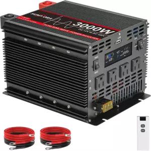 3000와트 순수 사인파 파워 인버터 12V DC-110V/120V AC 컨버터 6000W 피크 리모컨 LCD 4개의 콘센트 및