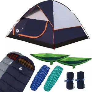 노스로드 9PCS 캠핑 텐트 키트 2/3인용 돔 1개 침낭 2개 수면 패드/캠핑 매트 나무 스트랩 2개가 있는 싱글