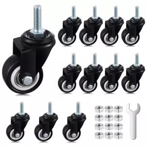 BBTO 12팩 1.5인치 회전 캐스터 휠 PU 360도 나사식 스템 M8 x 25mm 330파운드 총 적재 용량 핸드카트 가구